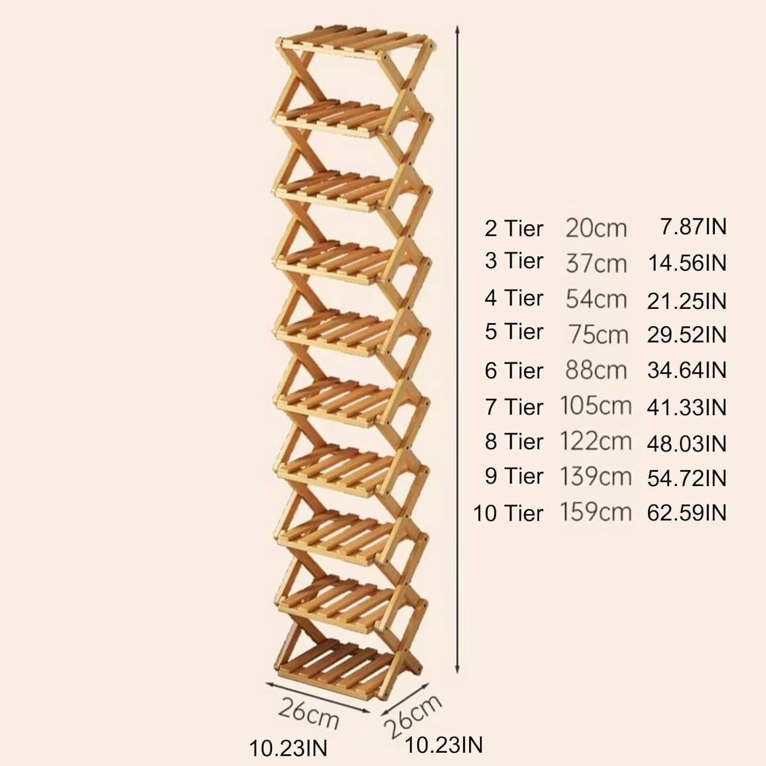 Tier Bamboo Shoe Rack, 2-9 Tiers Natural or Tea Color Foldable Shoe Rack Organizer, No-Tool Assembly Required with Strong Load-Bearing Capacity for Indoor