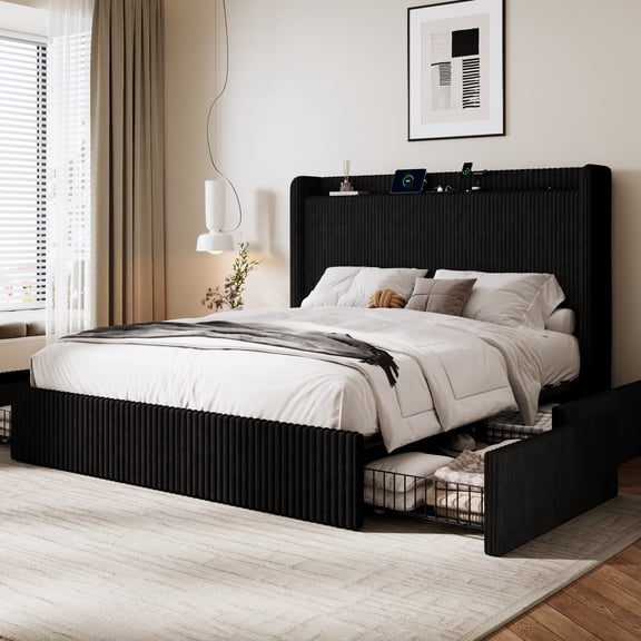 Amolife Queen Bed Frame, Corduroy Upholstered Storage Bed with Wingback Headboard, 4 Storage Drawers, USB Ports Charging Station, Black