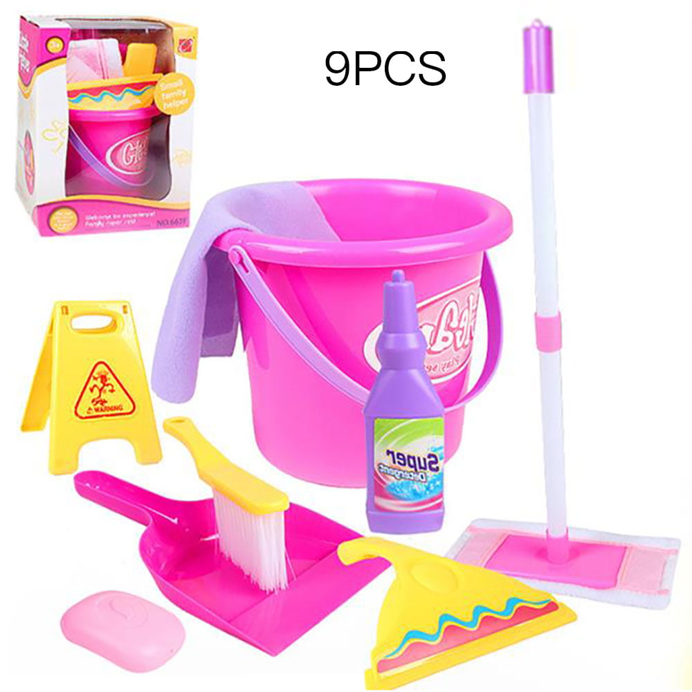 9pcs Kids Pretend Play Toy Broom Mop Bucket Tools Cleaner Cleaning Set New 