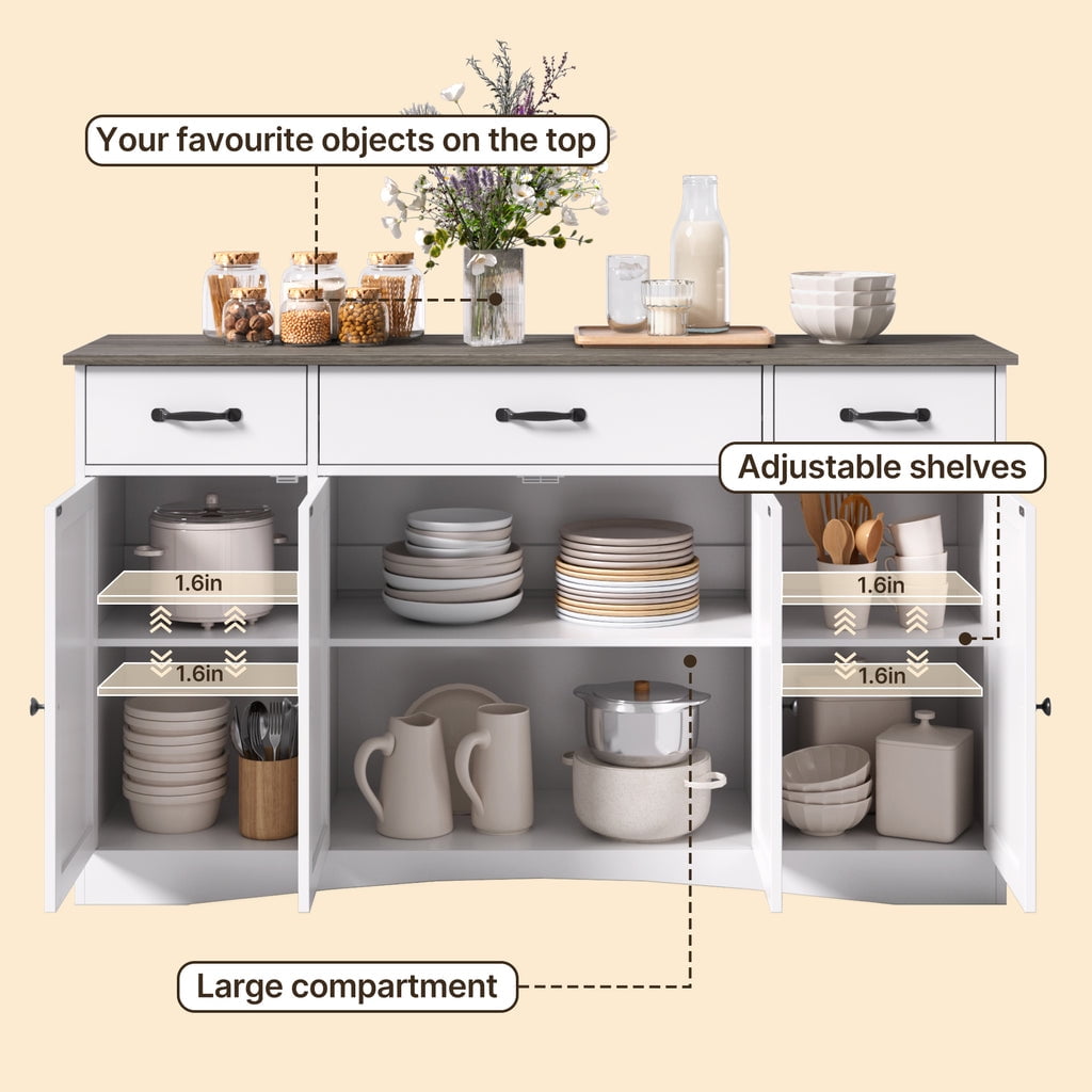 Aiho 55" L Kitchen Storage Cabinet, Coffee Bar Cabinet with Adjustable Shelves & Doors & Drawers, Sideboard Buffet Cabinet for Kitchen, Dining Room - Gray