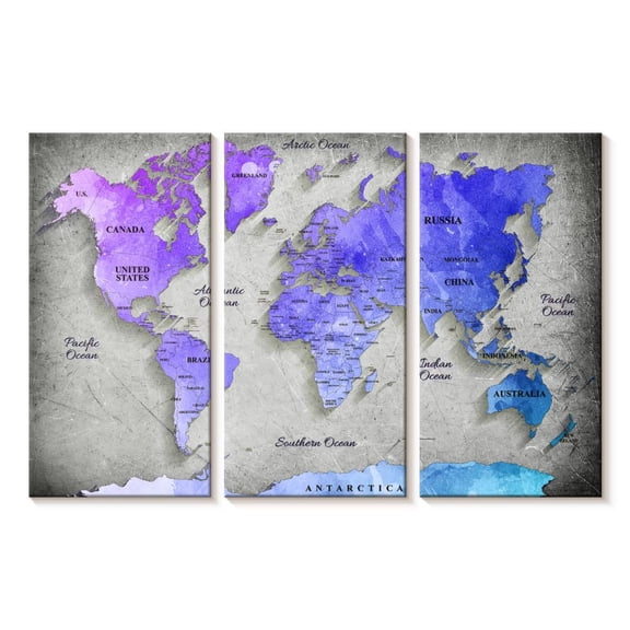 Elephant Stock Hued World Map Wall Art - Horizontal Multi Panel Canvas - Living Room Wall Decor - Map Multi Panel - Gray And Blue Decor - 23" x 14"