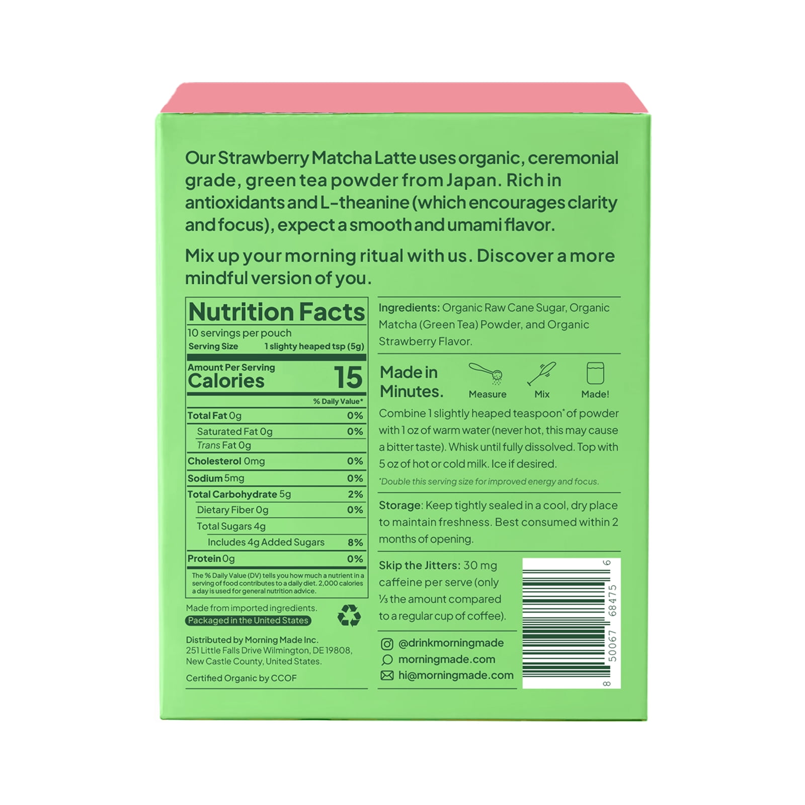 Morning Made Ceremonial Grade Organic Matcha Latte Powder, Strawberry, 10 Servings