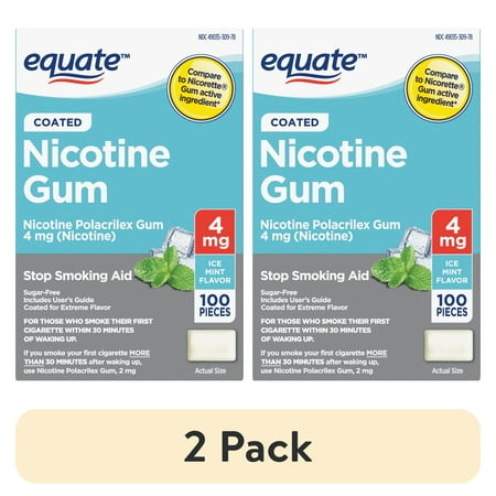 (2 pack) Equate Coated Nicotine Polacrilex Gum 4 mg, Ice Mint Flavor, Stop Smoking Aid, 100 Count, Compare to Nicorette® Gum Active Ingredient
