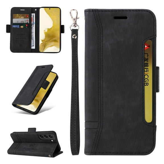 Allytech Case for Samsung Galaxy S22 5G 6.1 inch,PU Leather Wallet Cover with ID Credit Card Slots,Magnetic Buckle Flip Stand Shock Absorption Protective Phone Case + Wrist Strap,Black