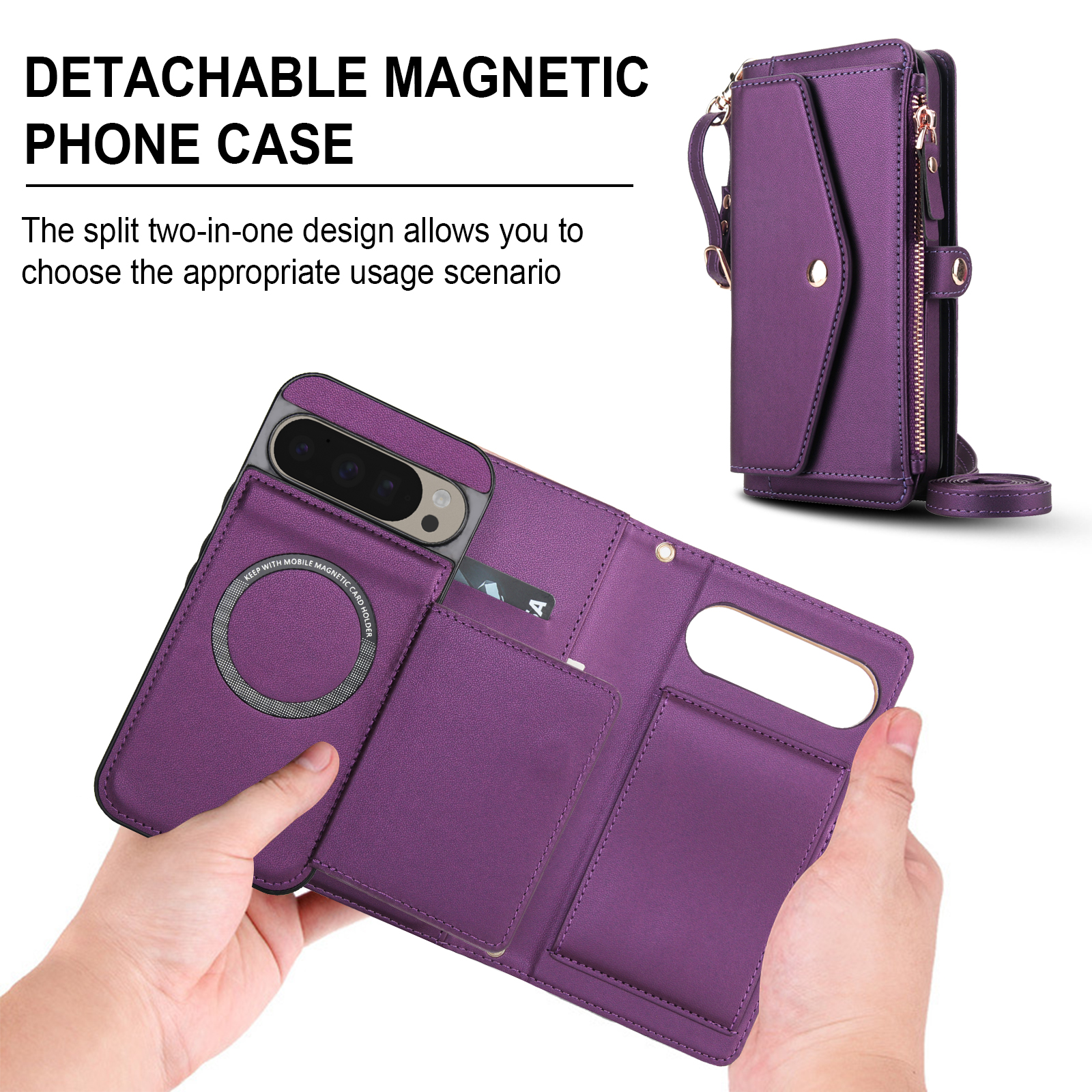 Designed for Google Pixel 8 Multi-Function Wallet Phone Case,With Shoulder Strap&Wrist Strap,Cash Pocket&Card Slots,Zipper Purse,Magnetic Detachable PU Leather Flip Phone Case,Purple