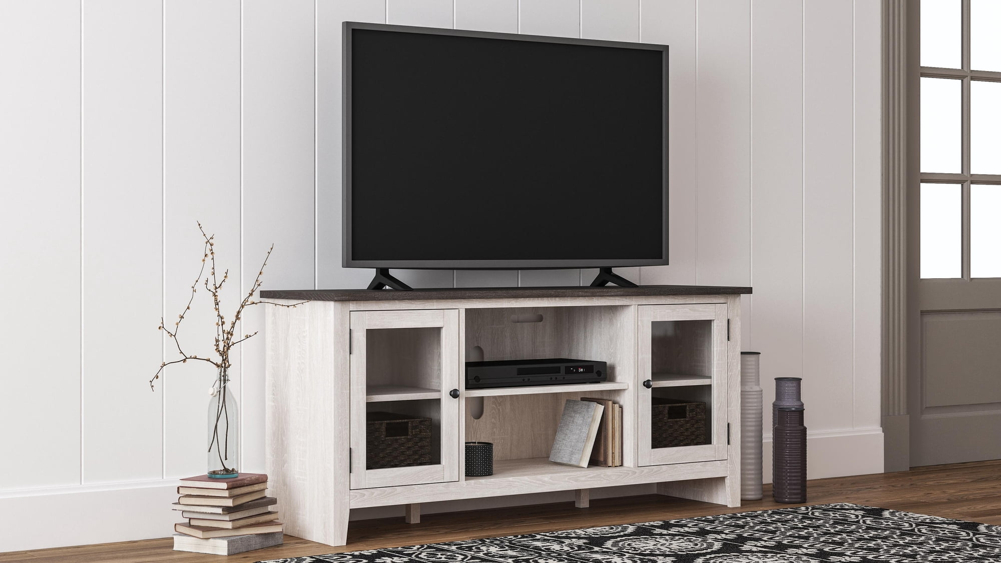 Signature Design by Ashley Dorrinson TV Stand with Fireplace Option, Two-Tone, Farmhouse Entertainment Center for TVs up to 65" with Glass Doors
