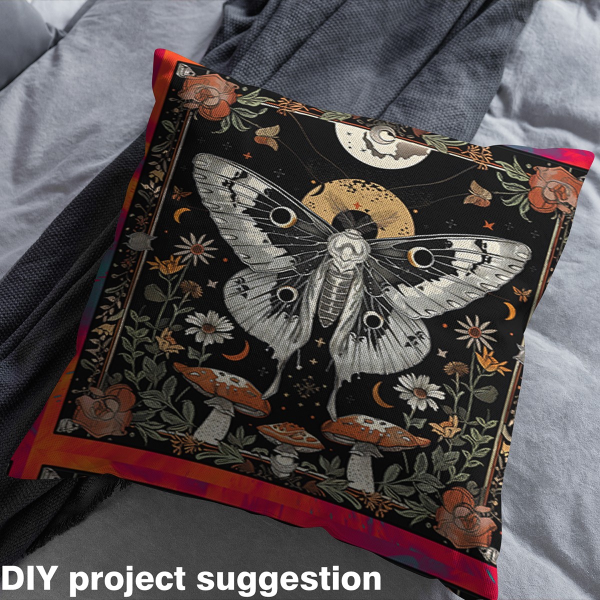 Castle Fairy Grey Moth Fabric by the Yard 1 Yard,Flower Mushroom Home Decor Fabric by the Yard,Bohemian Gothic Room Decor Fabric by the Yard,Breathable Home Decor