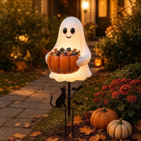 Ghost Candy Holder Garden Stake, Glowing Pumpkin Candy Bowl Outdoor Yard Decoration for Pathway Yard Patio Party Decor