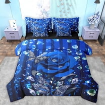 Feelyou Anniversary Rose Bedding Comforter Set 7pcs, Fashion Princess Diamond King Bedding Sets, Romantic Flower Blue Reversible Bed Sheets, Ultra Soft Bedroom Decor