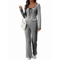 thumbnail image 2 of Women 2 Piece Knit Lounge Set Soft Stretchy Striped Outfit Long Sleeve Self-Tie Front Top High Waist Flare Pants, 2 of 9