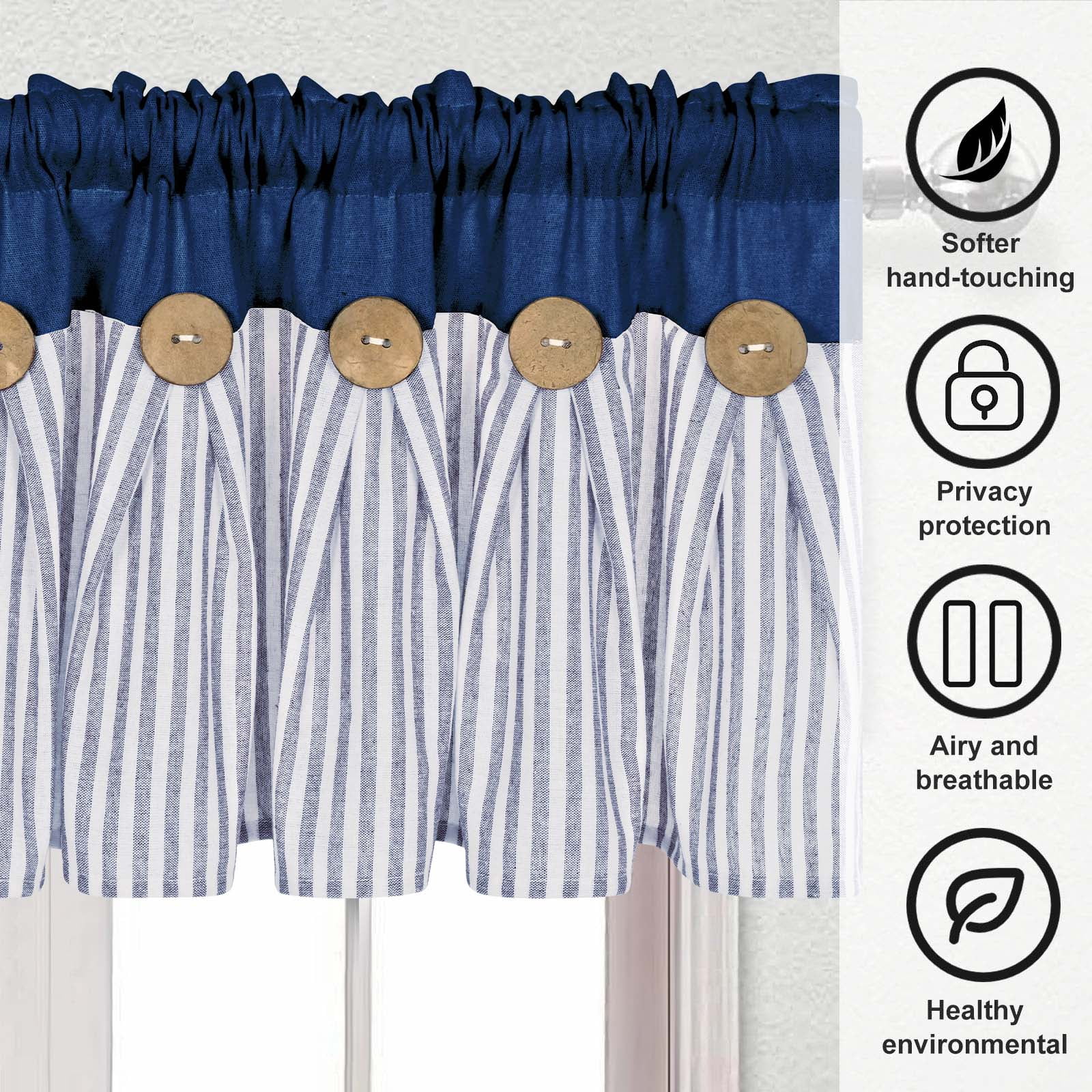 Alishomtll Modern Blue Stripes Bohemian Rod Pocket Light Filtering Kitchen Valances, 52" x 18"