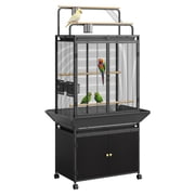 71" H Rolling Bird Cage,Large Rolling Birdcage with Top Stand & Storage Cabinet,Black Walnut Wood Parakeet Cage for Macaw Parrot Cockatiel Budgie