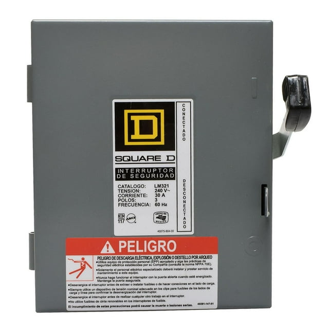 interruptor de seguridad 3 polos 30a square d comercial, vista frontal centrada de caja metálica gris con etiqueta Square D y palanca lateral negra; placa muestra modelo LM321, 30 A y 120/240 V, montaje para fusibles en 3 polos y base para conexiones; también es adecuado para paneles de servicio ligero en talleres domésticos.