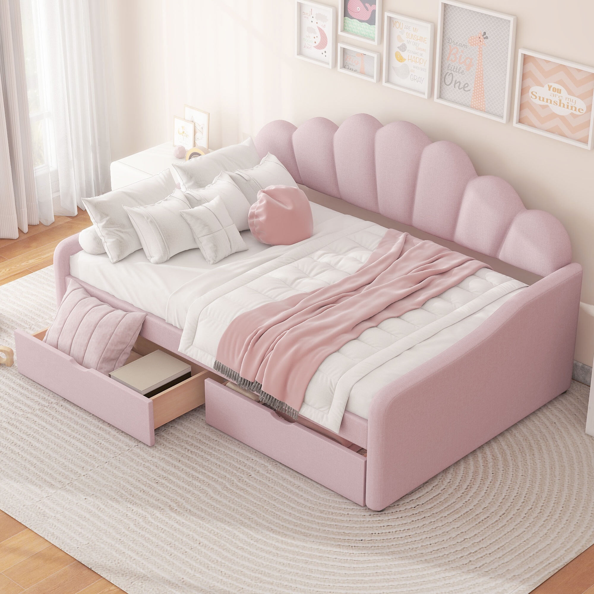 EUROCO Upholstery Full Size Platform Bed, Upholstered Daybed with Headboard and Drawers, Pink