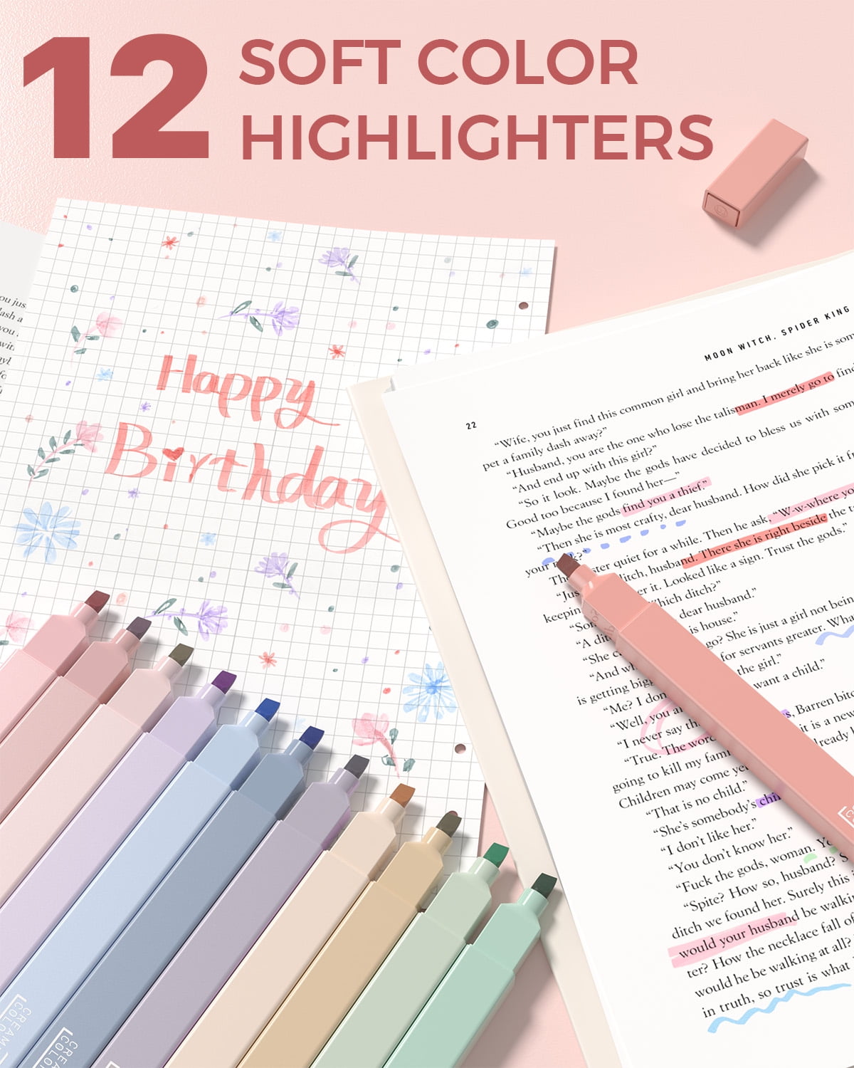 Four Candies 56 PCS Aesthetic Supplies with Large Pencil Case, 6 Colored Ballpoint Pens, 12 Pastel Highlighters, 5 Black Ink Gel Pens, 9 Mechanical Pencils 0.5-2.0mm Essentials (Pink)