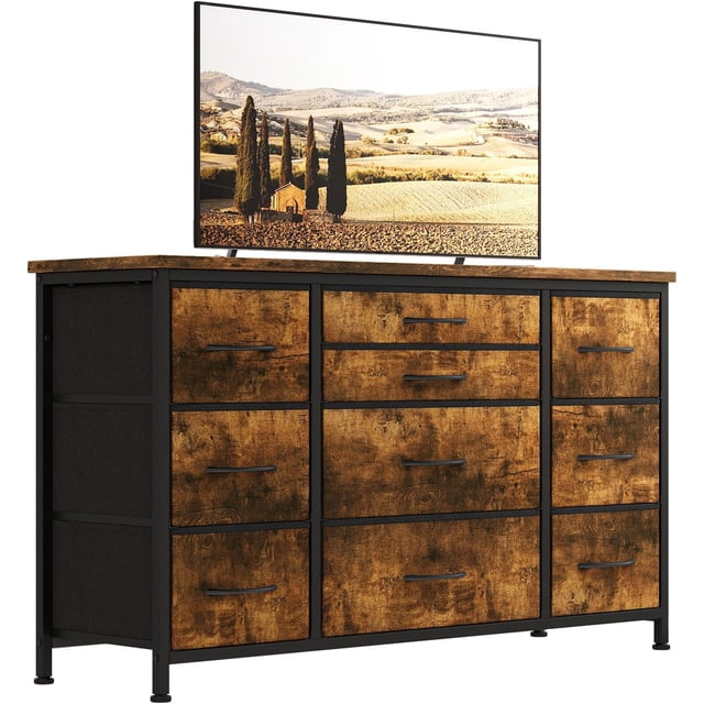 55 - pulgada de anchura cómoda mesa de TV con 10 cajones, rustic brown negra de anchura chest of cajones para dormitorio y sala de estar almacenamiento