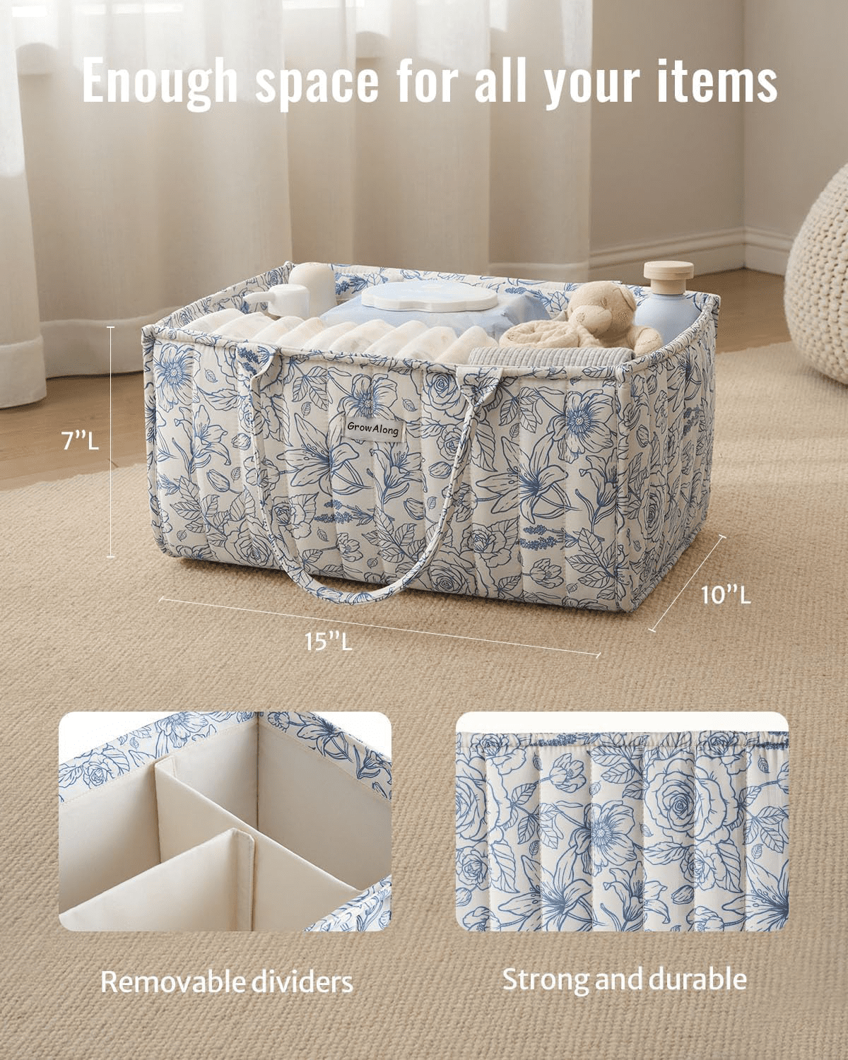 Gilysido Floral Diaper Caddy Organizer, Cotton Baby Basket, Gift for Baby Shower, Newborn Essentials, Blue Floral