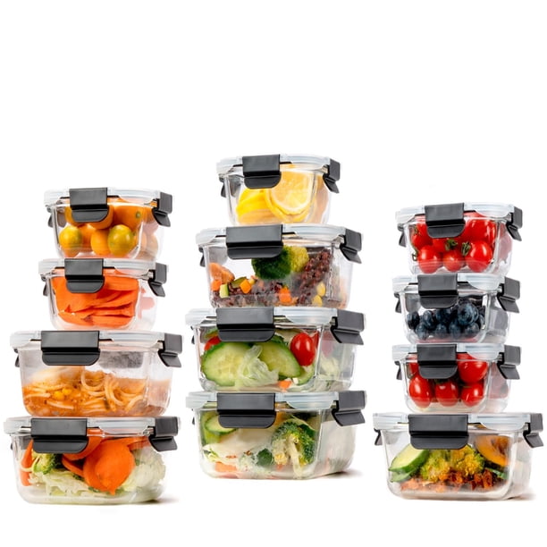 EasyWare JUEGO DE RECIPIENTES DE VIDRIO HERMÉTICO, CONTENEDORES Para Alimentos con Tapas Cierre Fácil, Refractarios para Cocina, Horno, Refrigerador Congelador (JUEGO 12 RECIPIEN