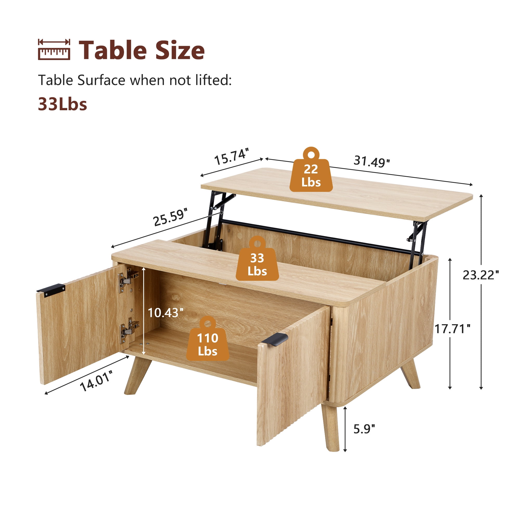PHOYAL Wood Lift Top Coffee Table with Hidden Compartments for Storage, Fluted Square Coffee Table with 2 Doors for Living Room, Natural