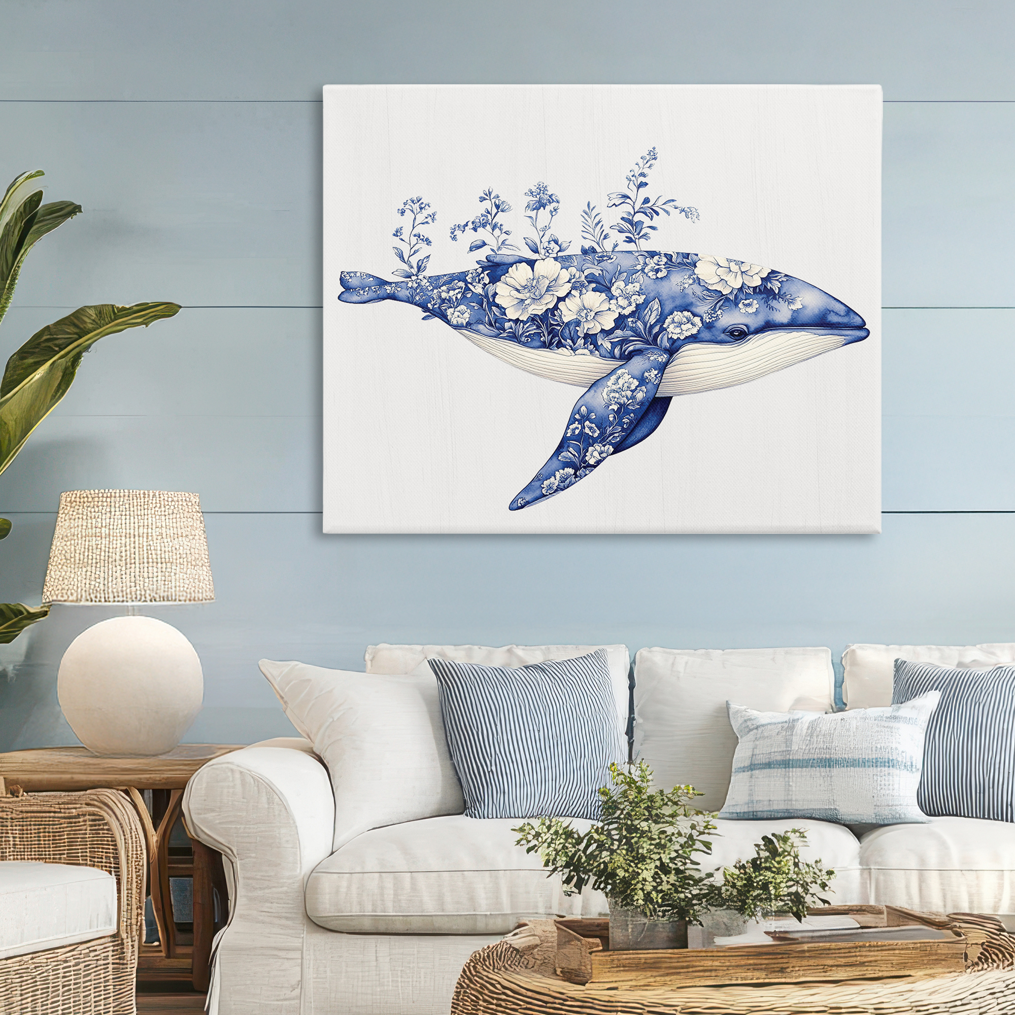 Blooming Toile Whale Canvas Wall Art, design by Lettered and Lined