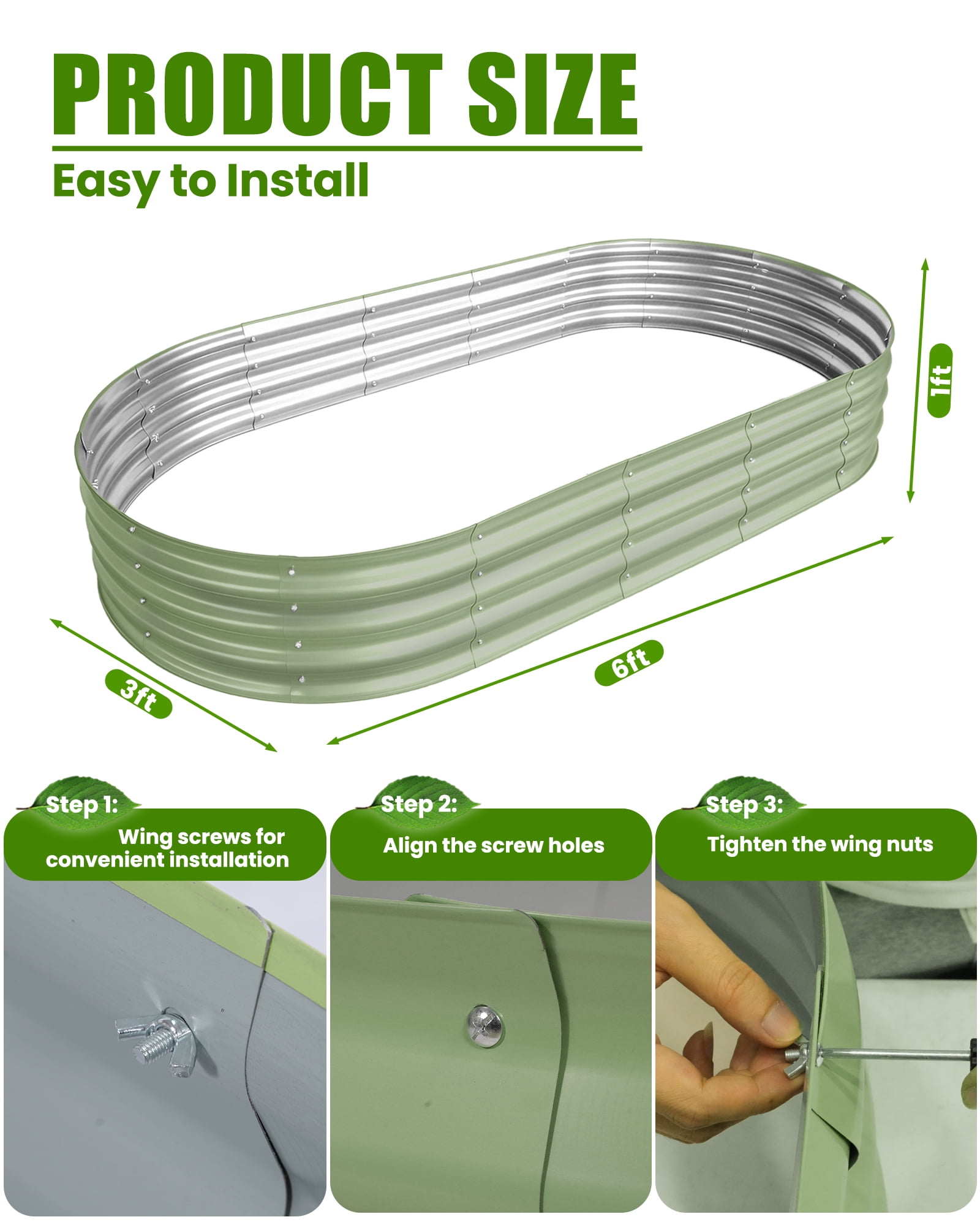 Bloyapix 6x3x1ft 2Pcs Galvanized Raised Garden Bed Outdoor, Oval Galvanized Planter Boxes, Metal Patio Planting Bed Kit for Vegetables Flowers, Green