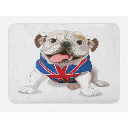 - English Bulldog Bath Mat, Happy Dog Wearing a Union Jack Vest Cartoon Style Animal Design, Non-Slip Plush Mat Bathroom Kitchen Laundry Room Decor, 29.5 X 17.5 Inches, Cream Navy Blue Red, Ambesonne