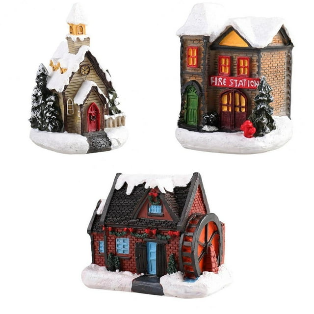 3 uds resina navideña casas de nieve LED pueblo conjunto decoración de escritorio