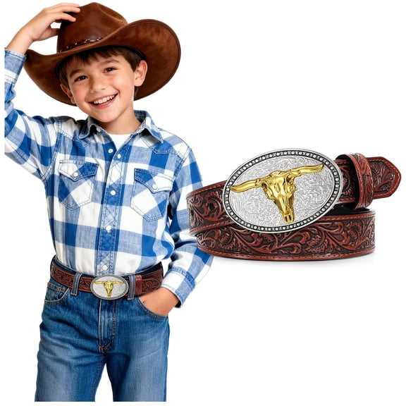 SUOSDEY Kids Western Belt for Boys Girls Genuine Leather Cowboy Cowgirl Belts with Detachable Buckle for Jeans Western Gifts