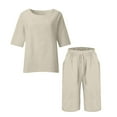 thumbnail image 4 of Ndbuld Women's Linen Shorts Sets 2 Piece Summer Short Sleeve Top and Shorts Sweatsuit Set Vacation Beach Outfits Beige 3XL, 4 of 5
