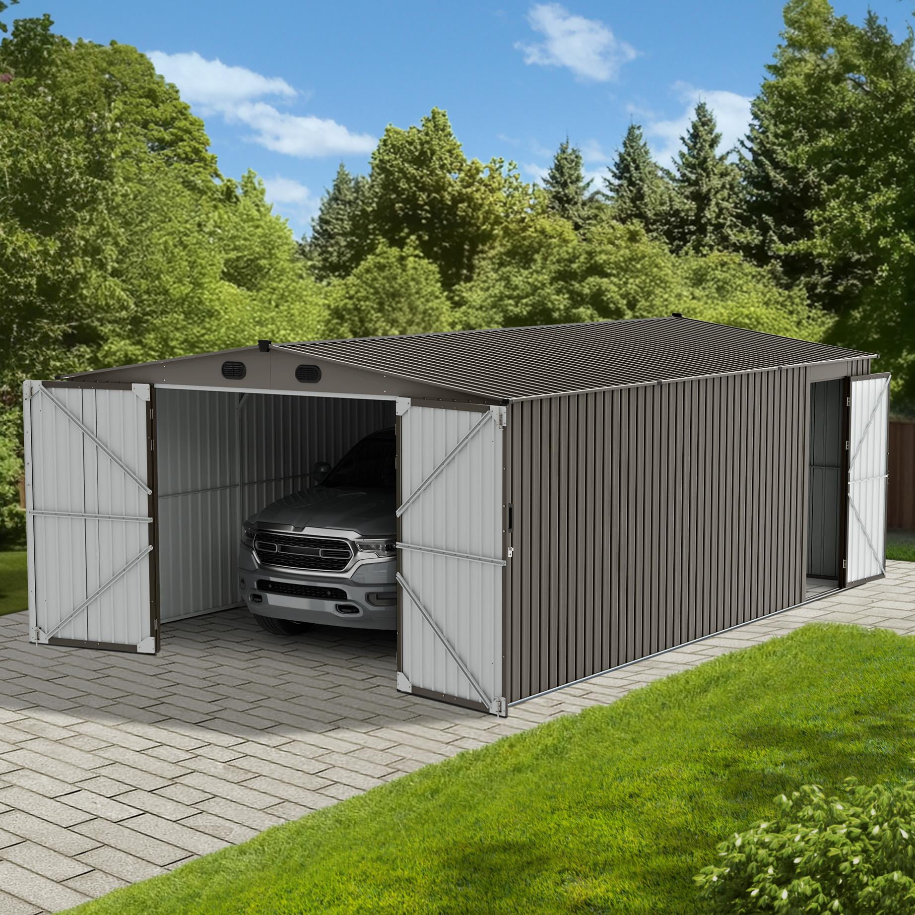 Sunjoy 13 ft. x 20 ft. Outdoor Storage Shed, Carport, Light Grey