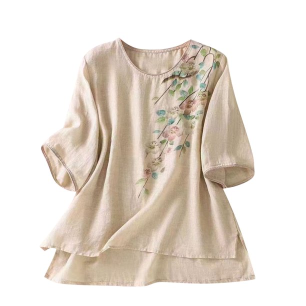 Primavera Tops para las Mujeres Algodón, Algodón Y Lino Impreso, Manga Corta Cuello Redondo Top / Camisa