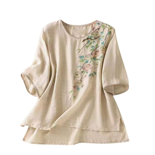 Primavera Tops para las Mujeres Algodón, Algodón Y Lino Impreso, Manga Corta Cuello Redondo Top / Camisa