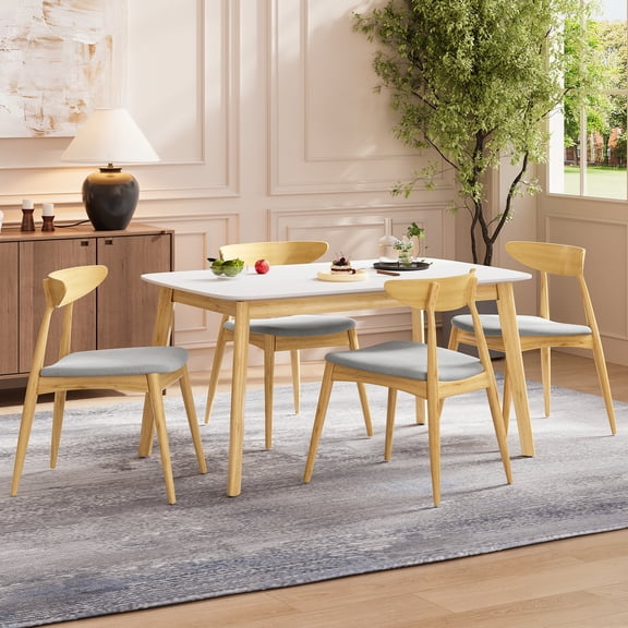 Harper & Bright Designs 5 Pieces Minimalist Dining Set, Rubberwood Dining Table with 4 Ergonomic Chairs Chairs for Kitchen Small Place, Beige Natural,White Oak
