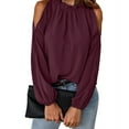 thumbnail image 1 of Blusa con cuello con volantes y hombros descubiertos, cuello redondo, manga larga, Top informal con volantes para otoño invierno, rojo vino L, 1 of 6