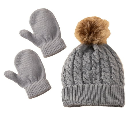 

DNDKILG Toddler Baby Kids Winter Faux Fur Pompom Beanie Newborn Infant Ski Cap with Scarf Glove Knitted Hat for Girl Boy Gray 0-3Y