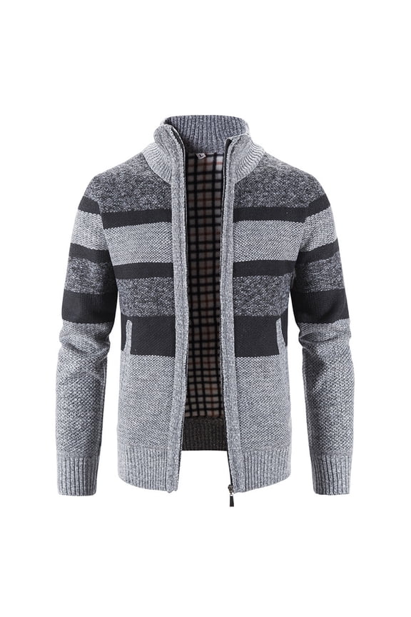 Men's Slim Fit Cardigan Sweaters Soft Striped Thermal Winter Warm Thick Fleece Lined Knitted Full Zip Business Casual Cable Knit Long Sleeve Sweater with Pockets Color Block Grey 44