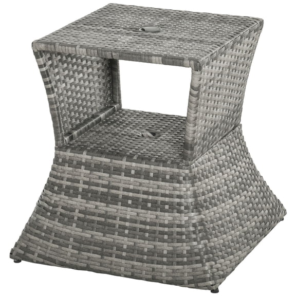 Dranite Rattan Tea Bistro Side Table with Umbrella Hole,2-Tier Storage Shelf,Outdoor Furniture