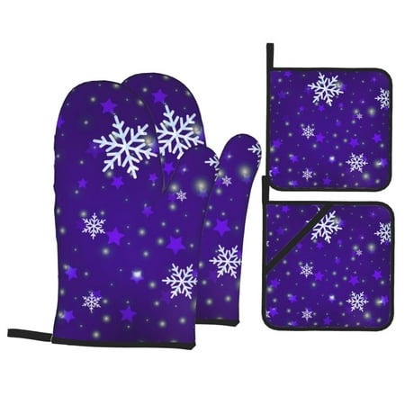 

Oven Mitts and Pot Holders Sets 4 pcs - Dark Purple Snowflakes Heat Resistant Silicone Oven Gloves with Non-Slip Silicone Surface and hot pads for kitchen Baking Cooking BBQ