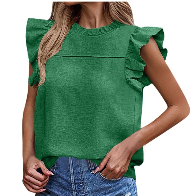 Besolor Débardeurs d'Été pour Femmes Col Rond à Volants Sans Manches Chemises Décontractées Amples pour Sortir Blouse Tees