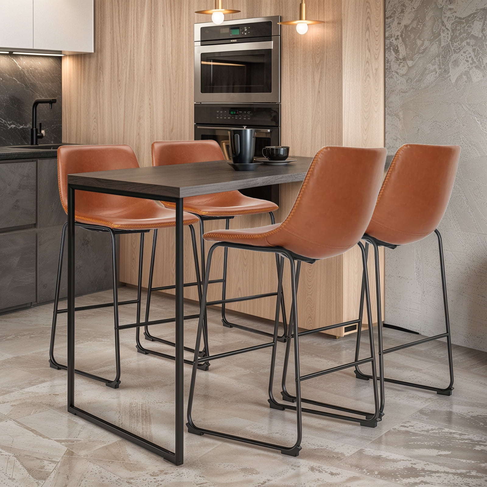 4-Pack Counter Height Bar Stools, Faux Leather Barstools with Back, 26 inch Seat Height Island Stools Countertop Brown Bar Chairs with Metal Legs