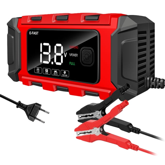 e-fast cargador baterías para coche y moto 12v6a cargador tk-360 (reglamento europeo rojo) cargador rojo y negro con pantalla LED frontal que muestra voltaje, carcasa ABS con rejillas laterales, cable con enchufe UE y pinzas rojo/negro; salida 12 V 6 A, dimensiones 155x75x63 mm (6.1x2.95x2.48 in). Compatible con baterías plomo-ácido, AGM y gel; control por microprocesador y modo conmutación; también suitable para mantenimiento y recuperación de baterías.