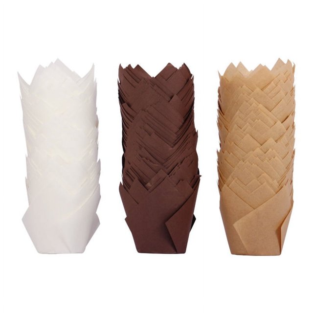 Estuches para magdalenas, 150 vasos de papel para hornear tulipanes, molde para hornear cupcakes de tulipán, vasos de papel para muffins, piel de vaca blanca y marrón Rojo Verde