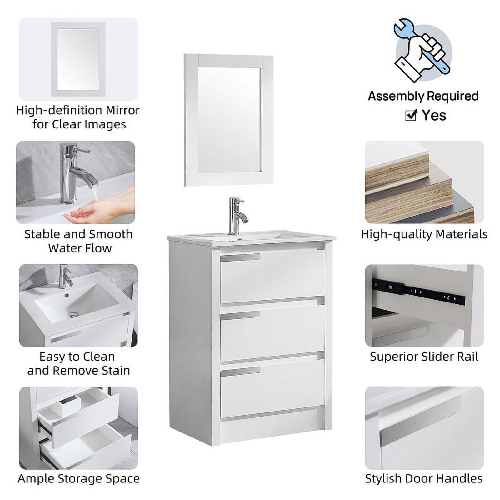 Walsport 24" Luxurious Bathroom Vanity with Ceramic Sink and Countertop and Mirror and Faucet,Stand Floor Cabinet Bathroom Storage Vanity with Pop Up Drain,White