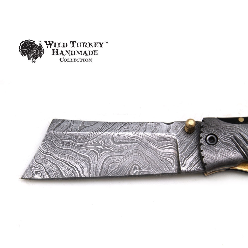 Wild Turkey Handmade Damascus Steel Collection Razor Style Folding Knife