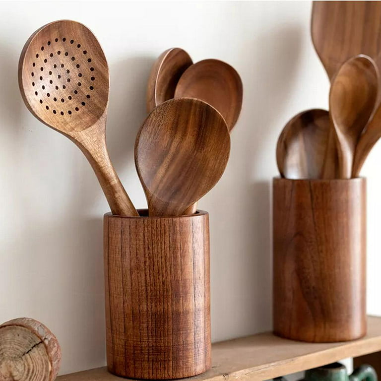 Kitchen Wooden Utensils for Cooking, Wood Utensil Natural Teak Wood Spoons  for Cooking,Kitchen Utenails Set with Holder with Spatula and Ladle 