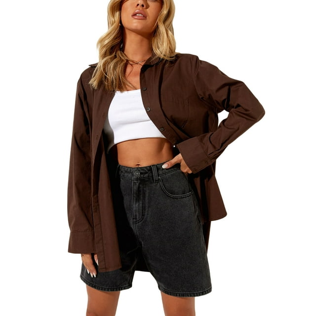 Women's Oversized Plaid Button Down Shirt Shacket Jacket Long Sleeve Casual Fall Outwear with Pockets