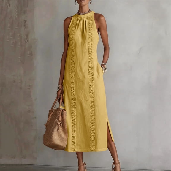 Ovbmpzd Maxi Casual Summer Dresses for Women Solid Shift Tea-Length Yellow Dresses Sleeveless Casual Crew Neck Dresses Women'S Summer Dresses,XXXL