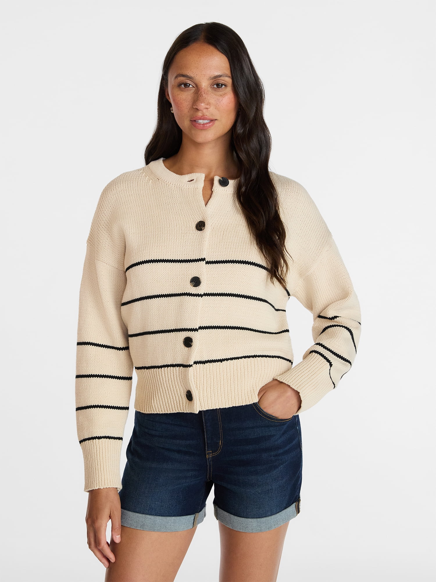 Time and Tru Women's Striped Cardigan Sweater with Long Sleeves, Sizes XS-XXXL