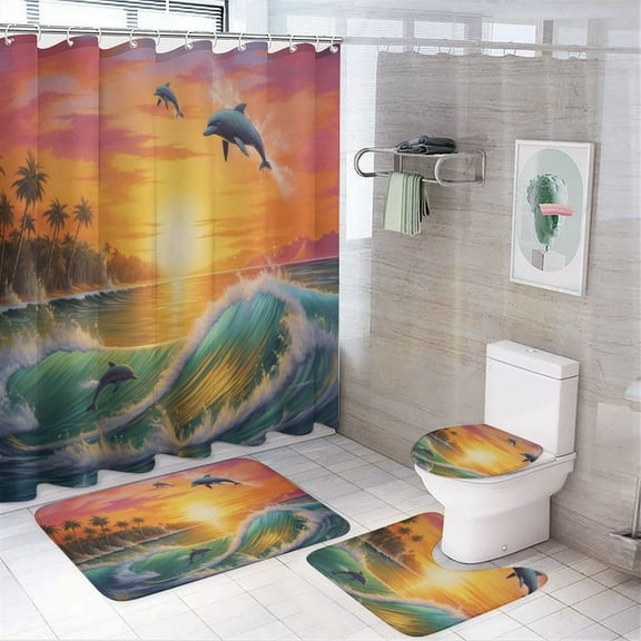 Sunset Jumping Dolphin 4 Piece Shower Curtain Sets, with Non-Slip Rugs, Toilet Lid Cover And Bath Mat, for Bathroom Decor Set