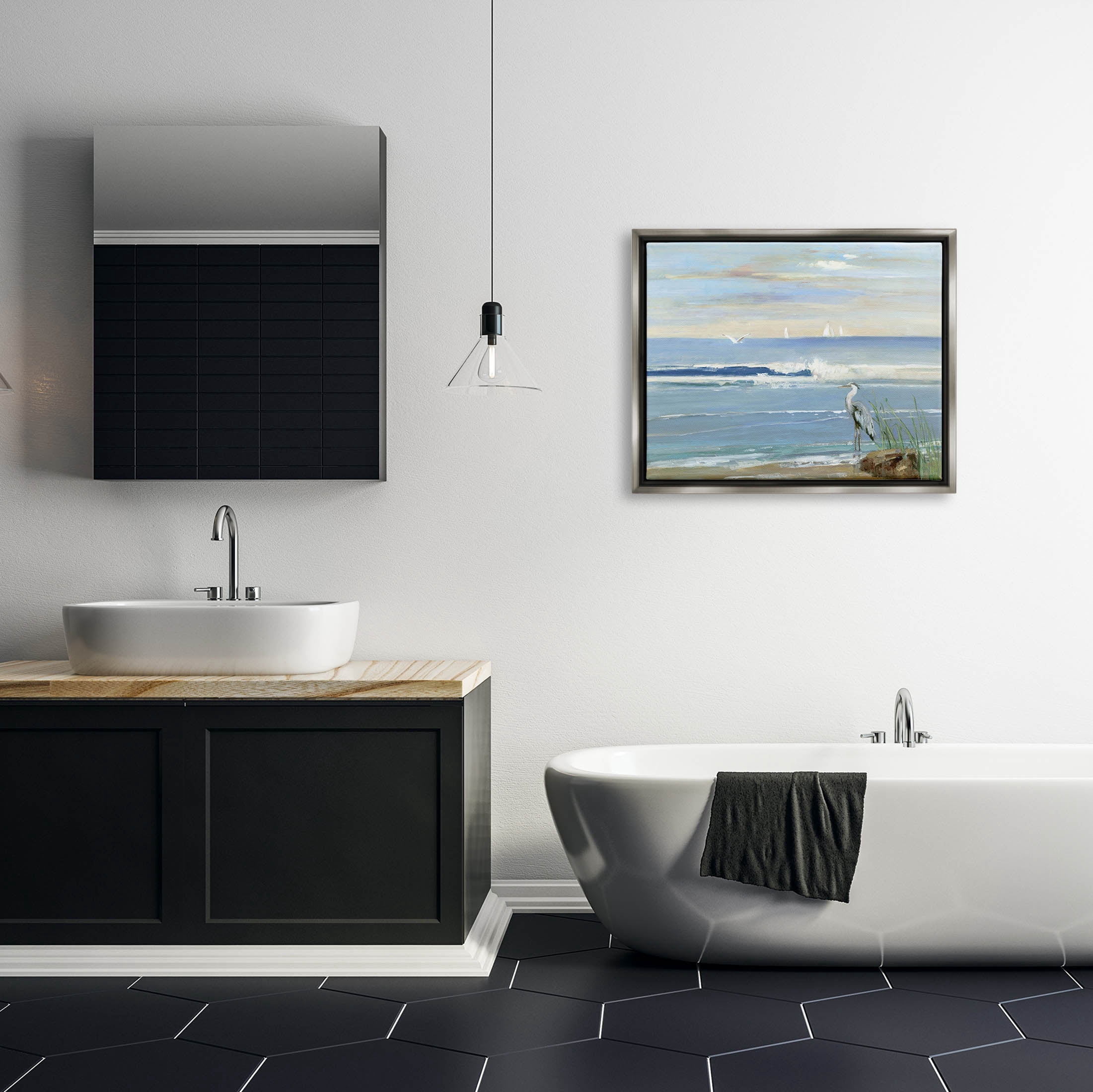Stupell Industries Heron Splashing Beach Waves Painting Luster Gray Floating Framed Canvas Print Wall Art, Design by Sally Swatland
